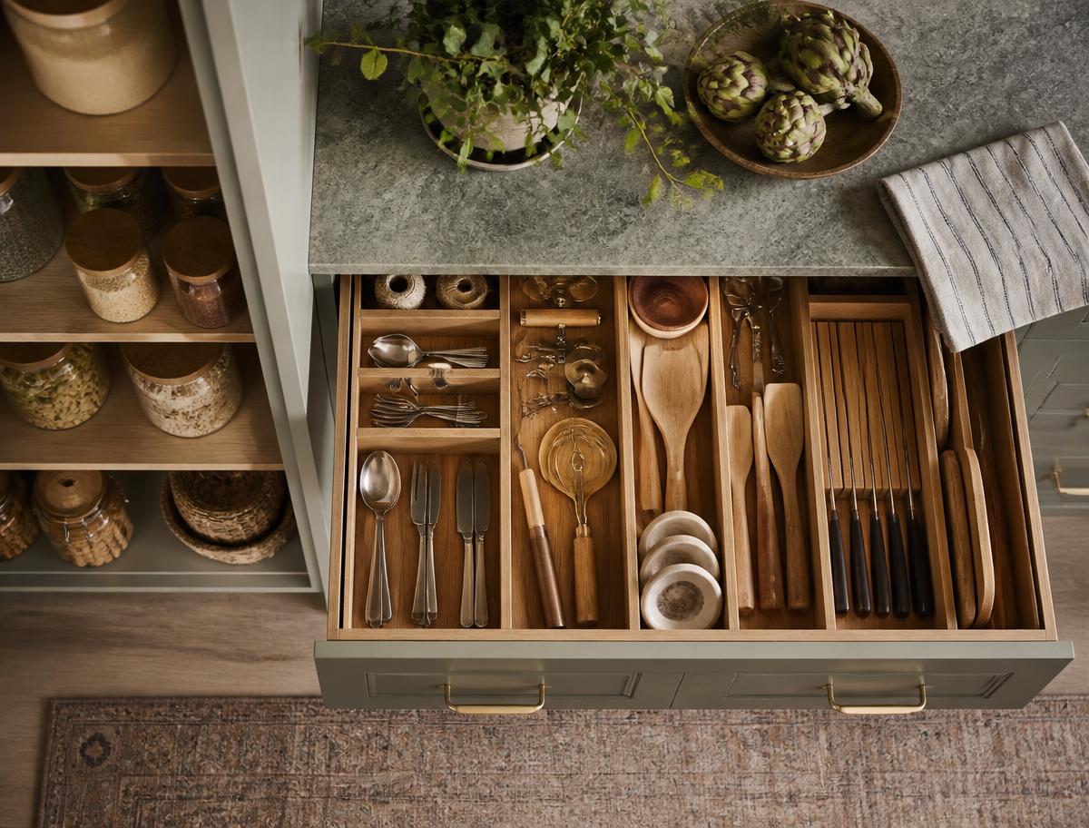 Organized kitchen drawer with wooden dividers and utensils